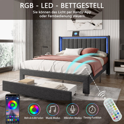 Rosahqnda Gepolsterter Bettrahmen mit LED, USB, Schubladen, Leinen Plattformbett 140-160-180×200cm,Jugendwohnungsbett,Gästebett