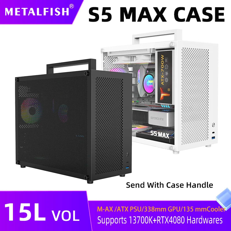 METALFISH S5 MAX Computer Case Gaming PC Chassis Support MATX/ITX 24.5*24.5cm SFX/ATX PSU 135 Mid Tower /180 WaterCooling Cooler.