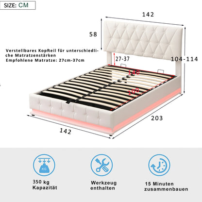 ROSAHQNDA 140x200 cm Polsterbett, PU-Lederbett mit LED- und USB-Anschlüssen, hydraulisches Boxbett, Kunstleder, ohne Matratze