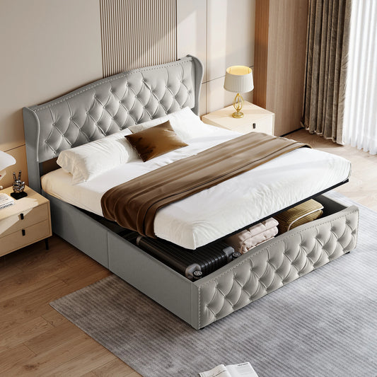 Polsterbett 140x200 cm mit Unterbettkommode, Doppelbett mit Kopfteil und Lattenrost, Samt, für Erwachsene und Jugendliche