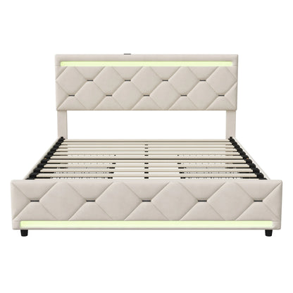 Rosahqnda gepolstertes Bett mit Stauraum, USB-Ladefunktion und LED-Kopfteil und 4 Schubladen, Doppelbettrahmen