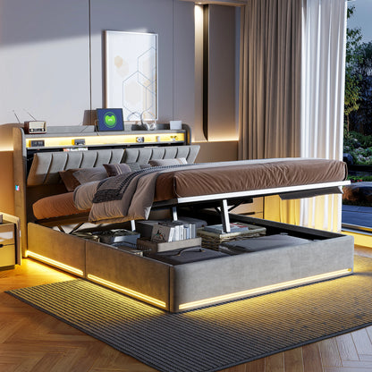 Rosahqnda Doppelbett,Kopfteil mit LED-Beleuchtung,USB-Anschlüssen und Ablagefach,Stauraumbett,Gästebett,Jugendbett,Samtstoff