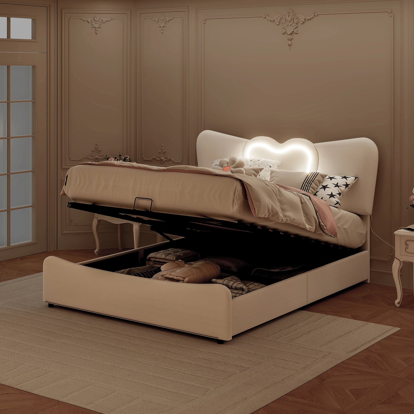 Doppelbett 140x200, LED Stauraumbett mit Lattenrost, Hydraulisch Polsterbett aus Kopfteil Höhenverstellbar, Herzform Kopfteil