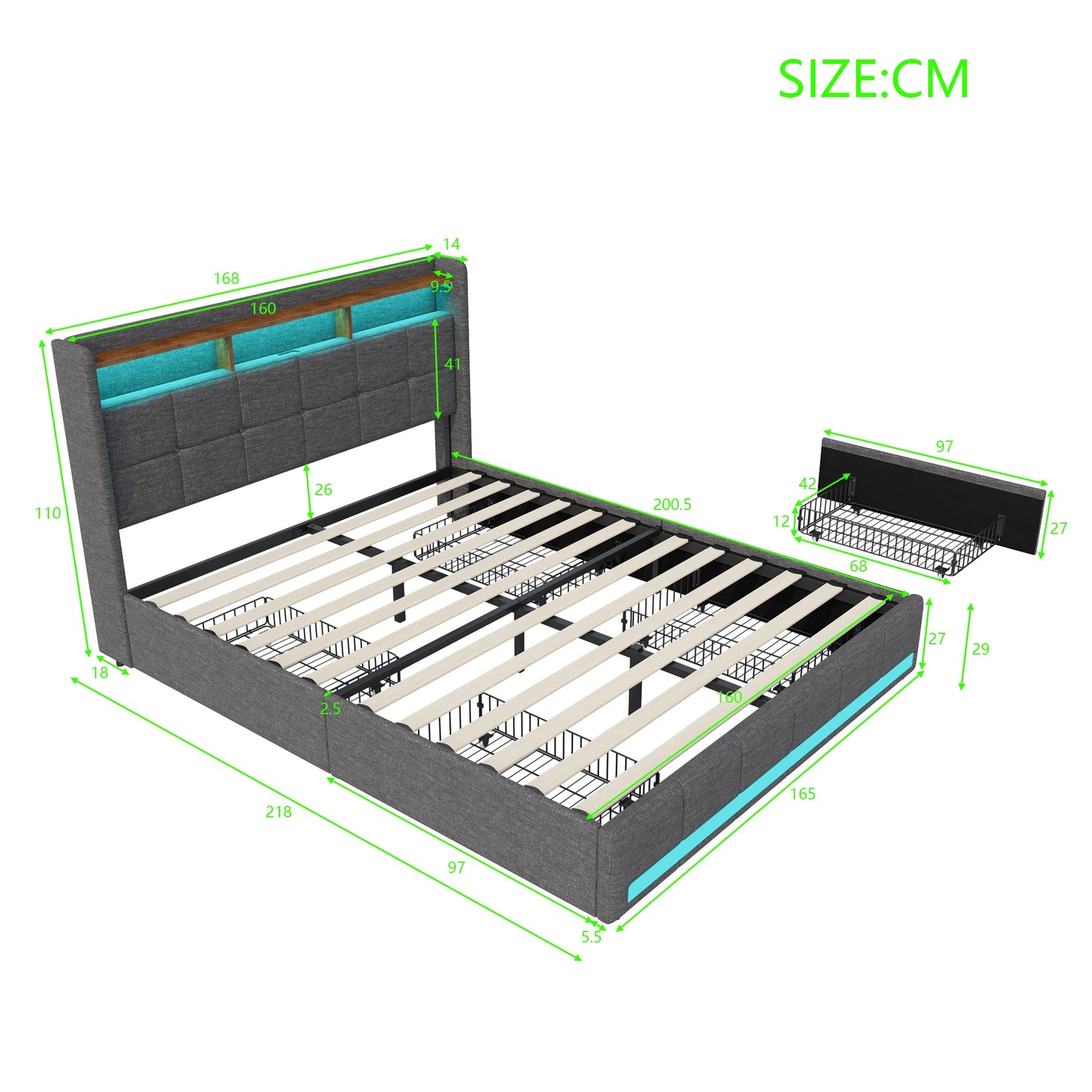 Bett mit Schubladen, 140/160 x 200 cm, Stauraumbett mit USB-Ladefunktion und LED-Kopfteil, Doppelbett mit Stauraum und 4 Schubladen. Jugendbett, funktionales Bett, Kopfteil, Lattenrost aus Holz, grau.