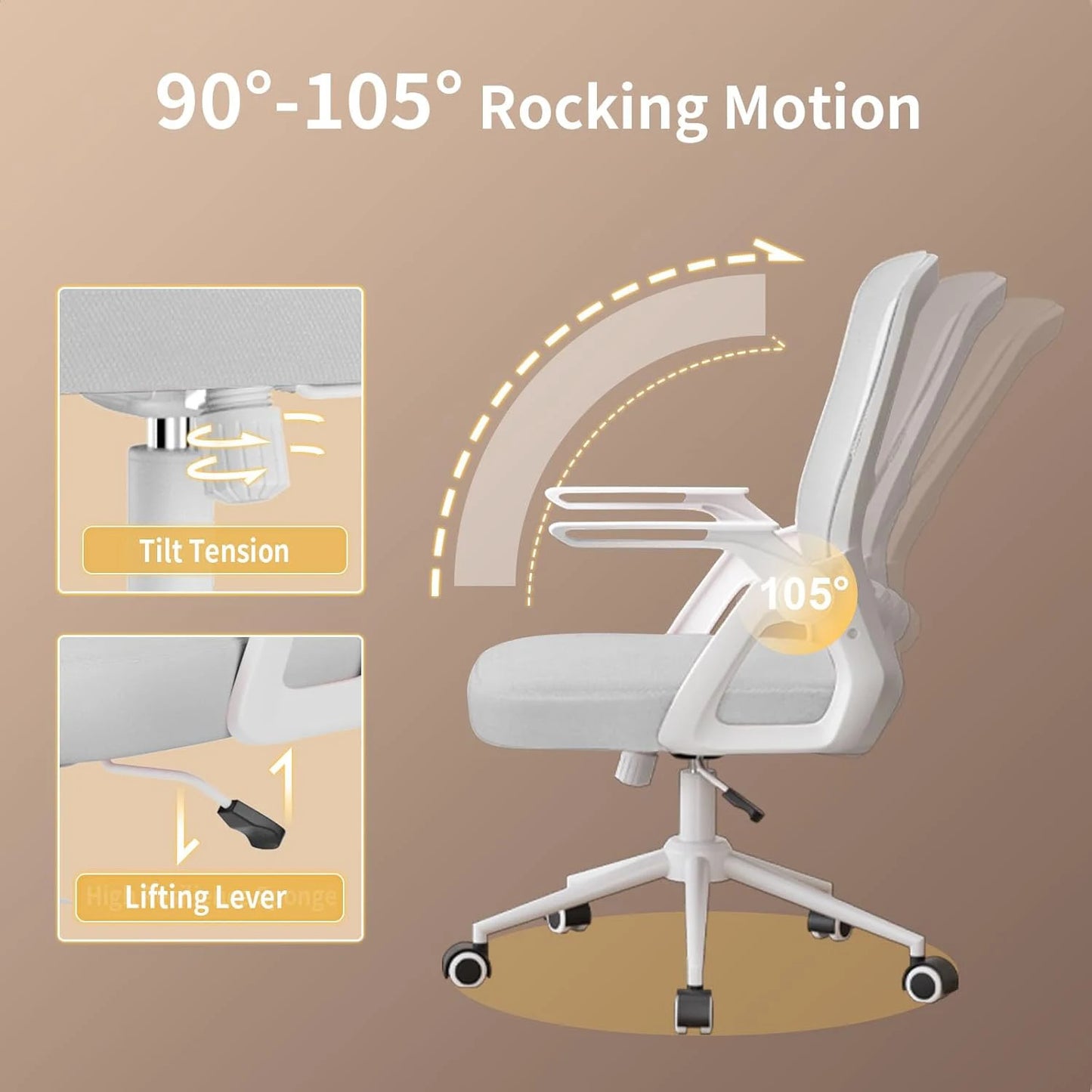 Office Chair Ergonomic Mesh Flip-Up Arms Gaming Chair with Mid Back Cushion Lumbar Support for Home Bedroom Working