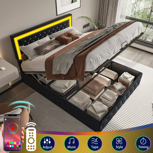 Rosahqnda gepolstertes Doppelbett 140 x 200 cm mit LED-Beleuchtung, hydraulischem Stauraumbett und Lattenrost, Funktionsbetten, Samt