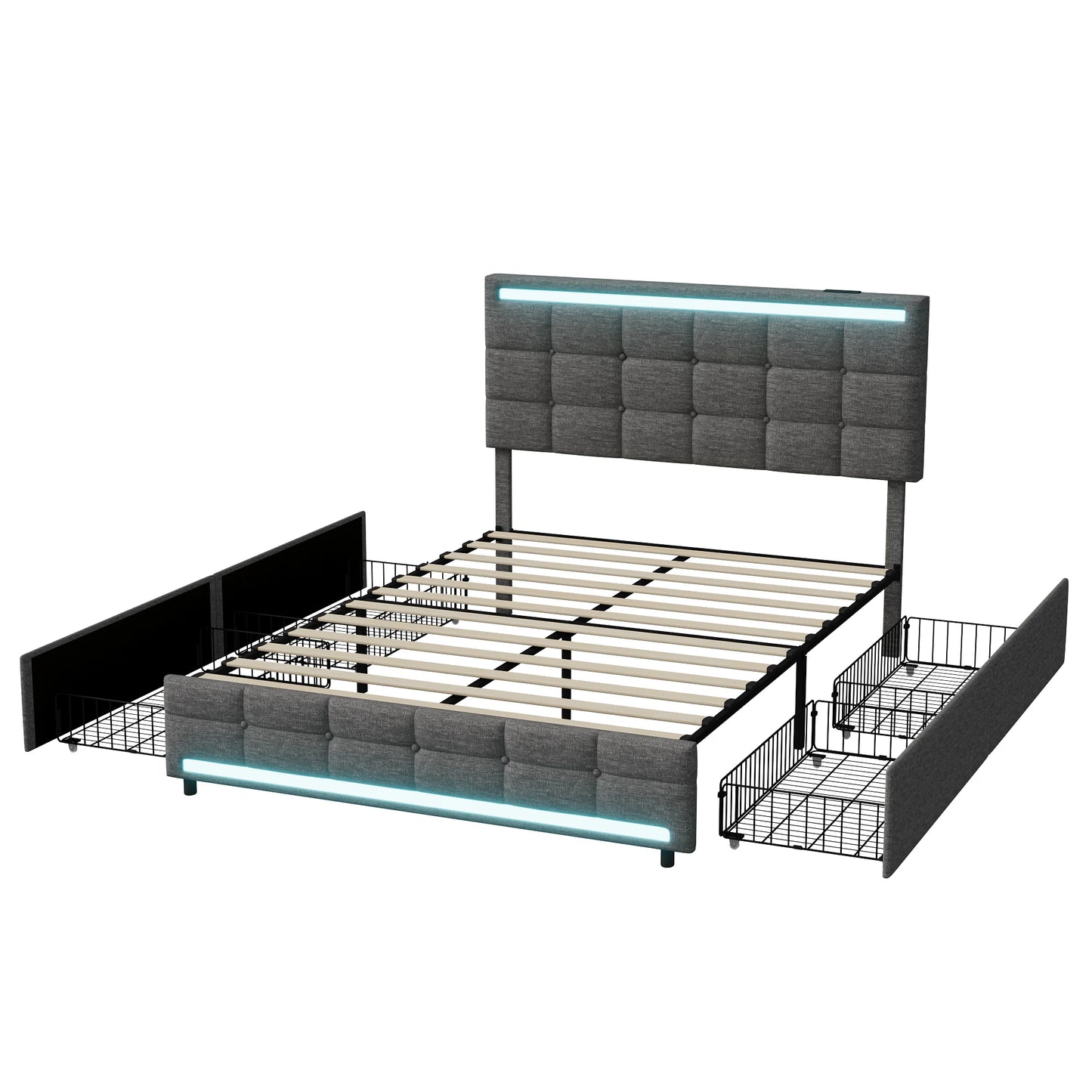 Rosahqnda Polsterbett mit 4 Schubladen und 2 USB-Anschlüssen, Bettrahmen mit LED-Leuchten, Kopfteil, Fußteil und Stauraum
