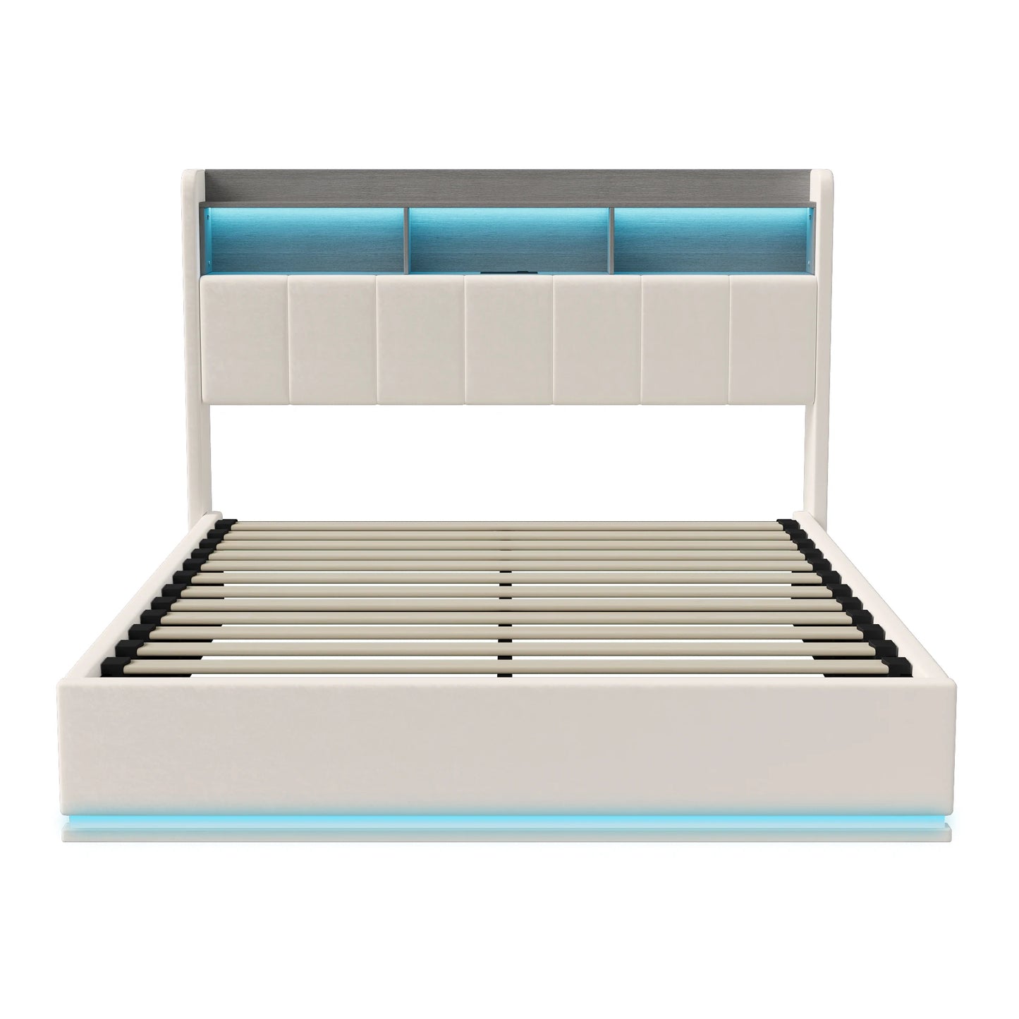 Rosahqnda Polsterbett, Hydraulisches Doppelbett mit LED-Lichtleiste und großem Stauraum, 140-160 x 200 cm, Weiß/Grau