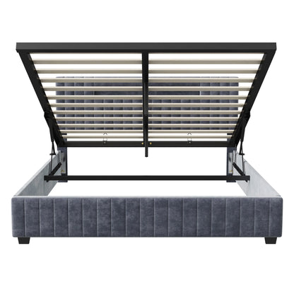 Rosahqnda Polsterbett, Hydraulisches Doppelbett mit LED-Lichtleiste und großem Stauraum, 140-160 x 200 cm, Weiß/Grau