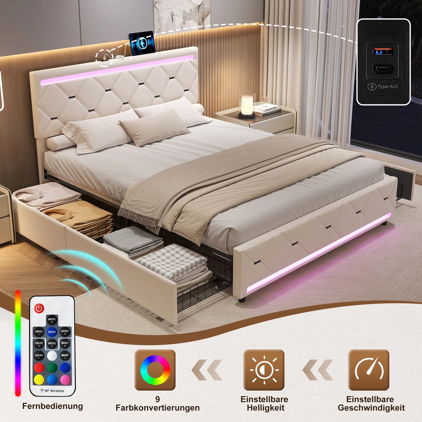 Rosahqnda gepolstertes Bett mit Stauraum, USB-Ladefunktion und LED-Kopfteil und 4 Schubladen, Doppelbettrahmen