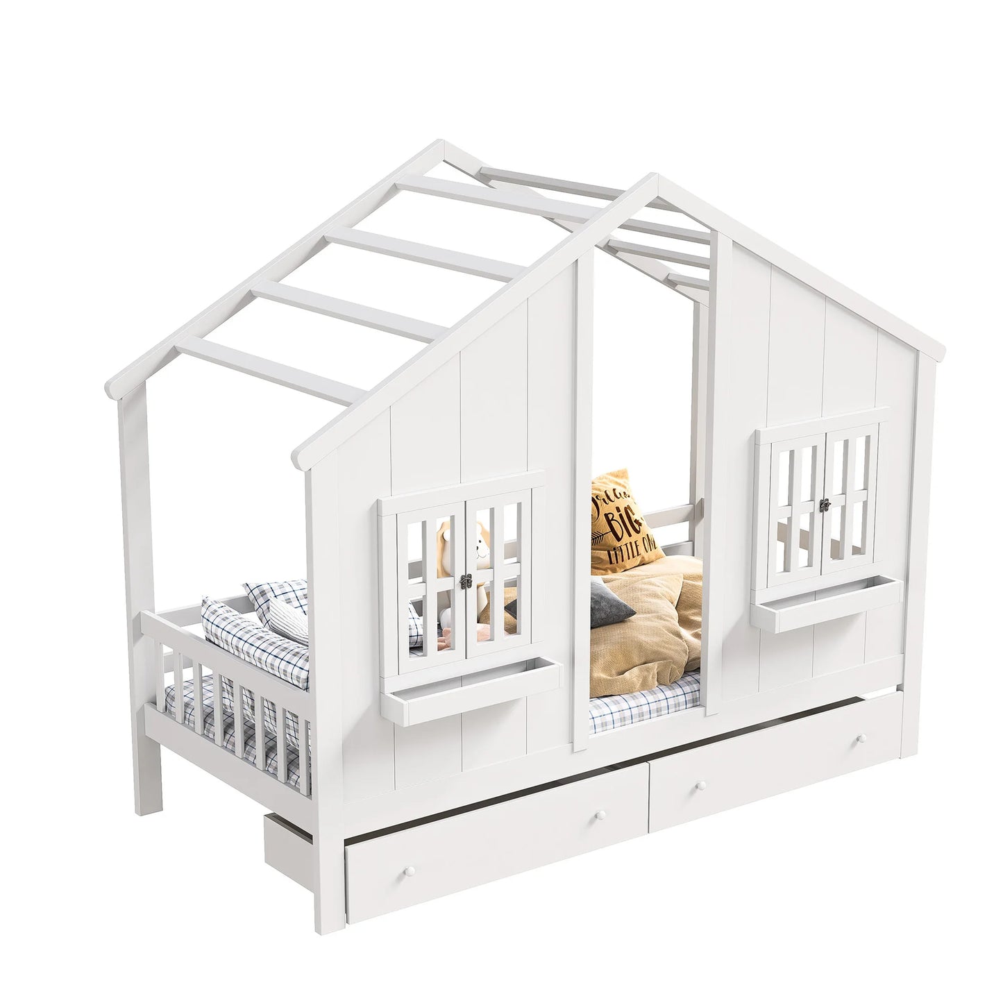 Roshanda Kinderbett, 90 x 200 cm, Hausbett, Einzelbett, mit Tafel/Bücherregal/Schublade, Kiefer, Weiß