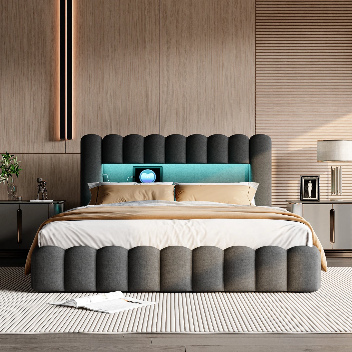 Polsterbett,Eingebettete Matratze,Doppelbett mit weicher Rückenlehne,Kopfteil mit LED und USB-Anschluss,ohne Matratze