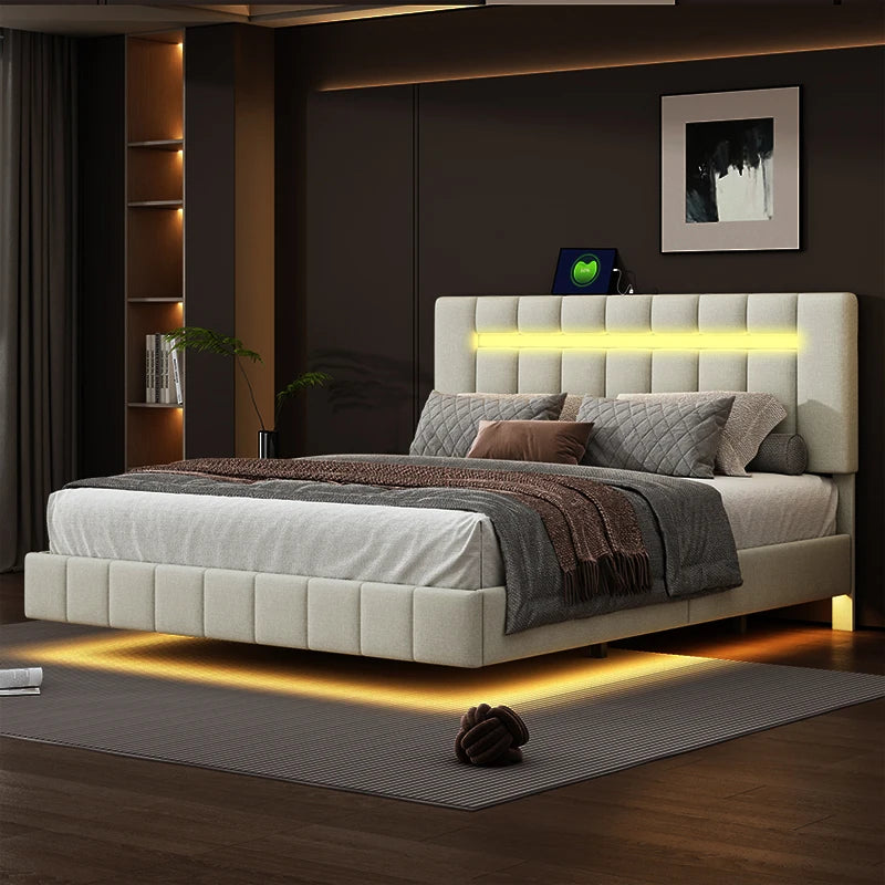 ROSAHQNDA Polsterbett 140/160 x 200 cm, LED-Schwebebettgestell mit USB-Ports, Doppelbett ohne Matratze, Leinenstoff