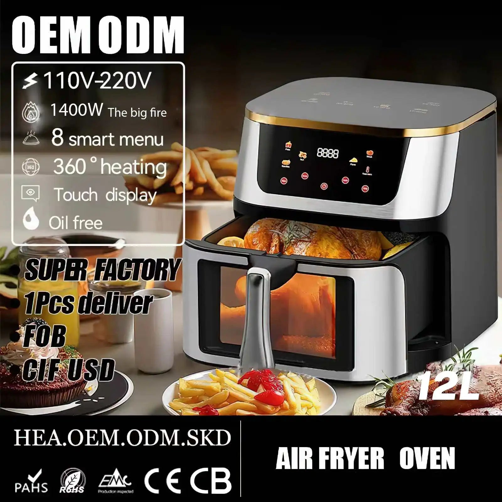 1400W 8L Air Fryer Stainless Steel Visible wide Capacity Electric Oven Touch glass Multifunctional Electric Fryer.