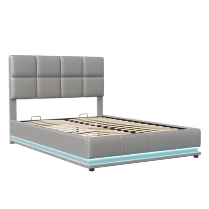 Rosahqnda Hydraulischer Doppelbettrahmen 140*190cm mit LED, Verstellbares Kopfteil, Stauraumbett 140*200cm, Polsterbett, PU