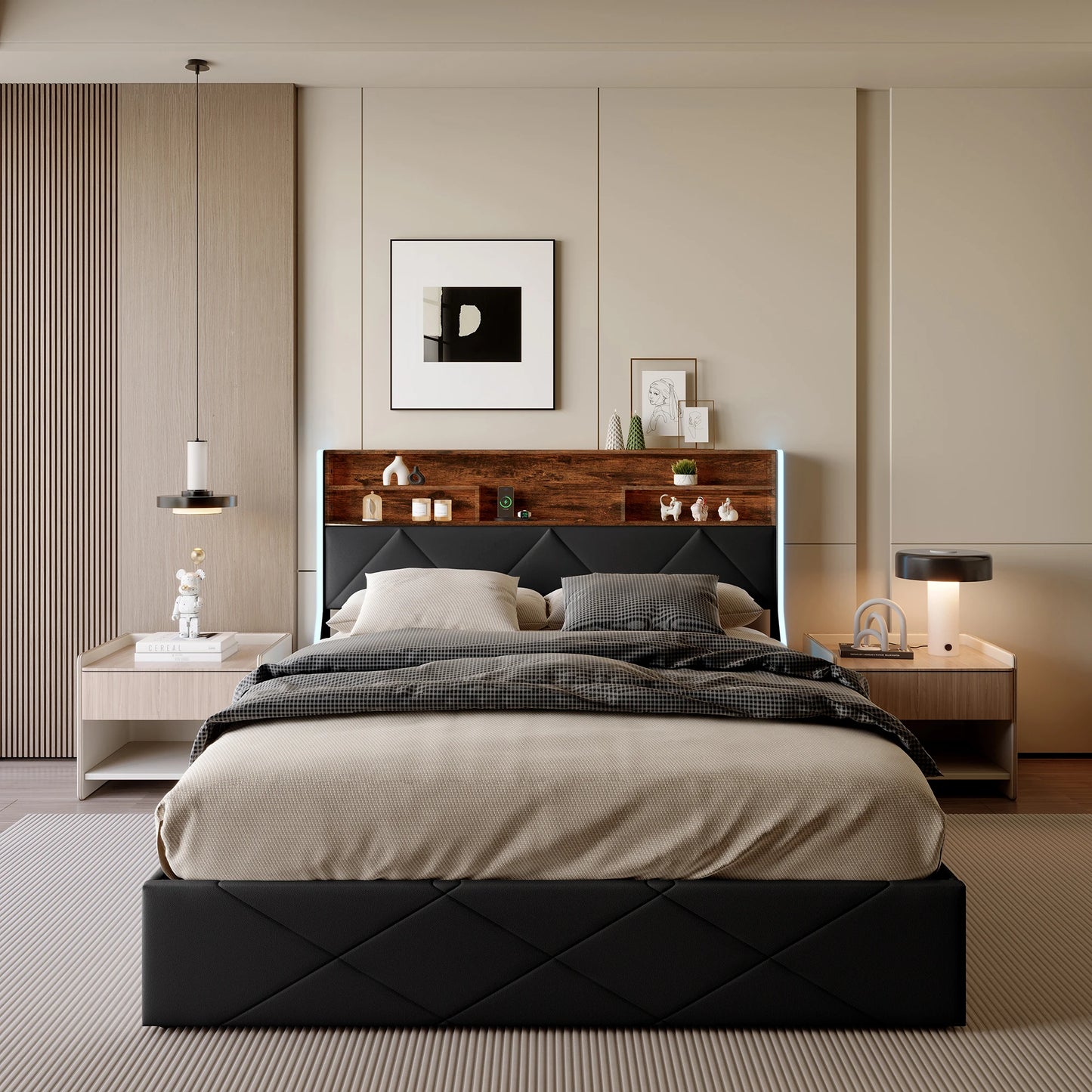 Doppelbett hydraulisches LED-Bett, Kofferraumbett 140/160 x 200cm, Polsterbett Mit Stauraum Polsterbett mit LED und USB, Jugendbett LED-Bettgestell für 2 Personen, Pu-Stoff