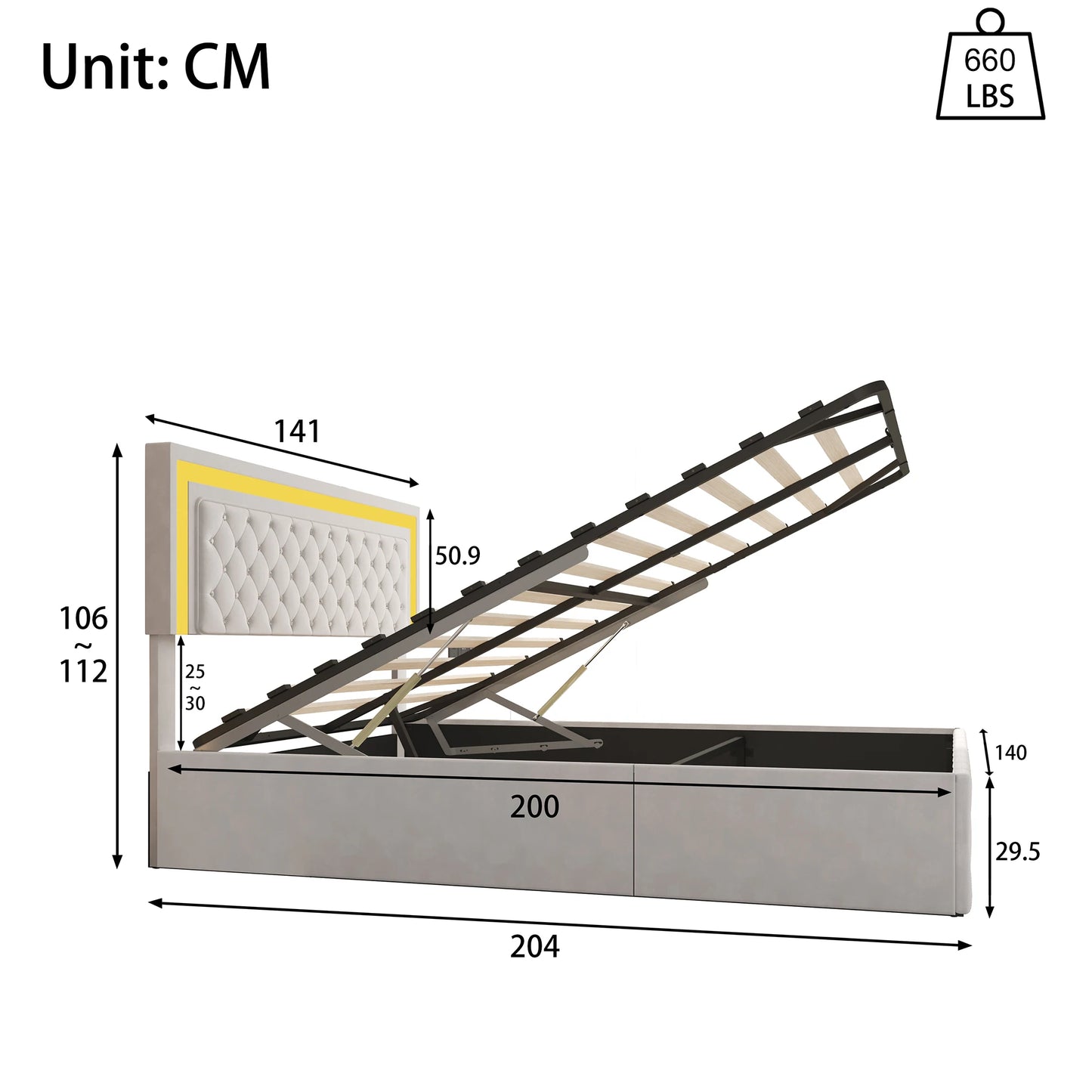 Rosahqnda gepolstertes Doppelbett 140 x 200 cm mit LED-Beleuchtung, hydraulischem Stauraumbett und Lattenrost, Funktionsbetten, Samt