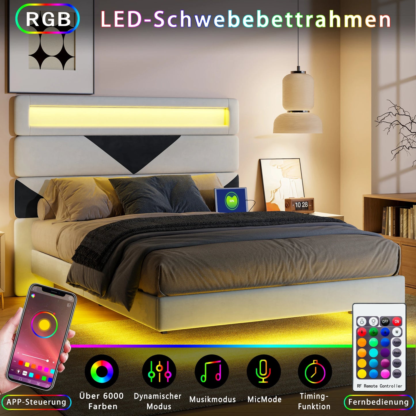 Rosahqnda Bett Doppelbettkopf einstellbar, Ladeanschluss + USB + Typ-c, LED-Leuchtband am Kopf und unten des Bettes