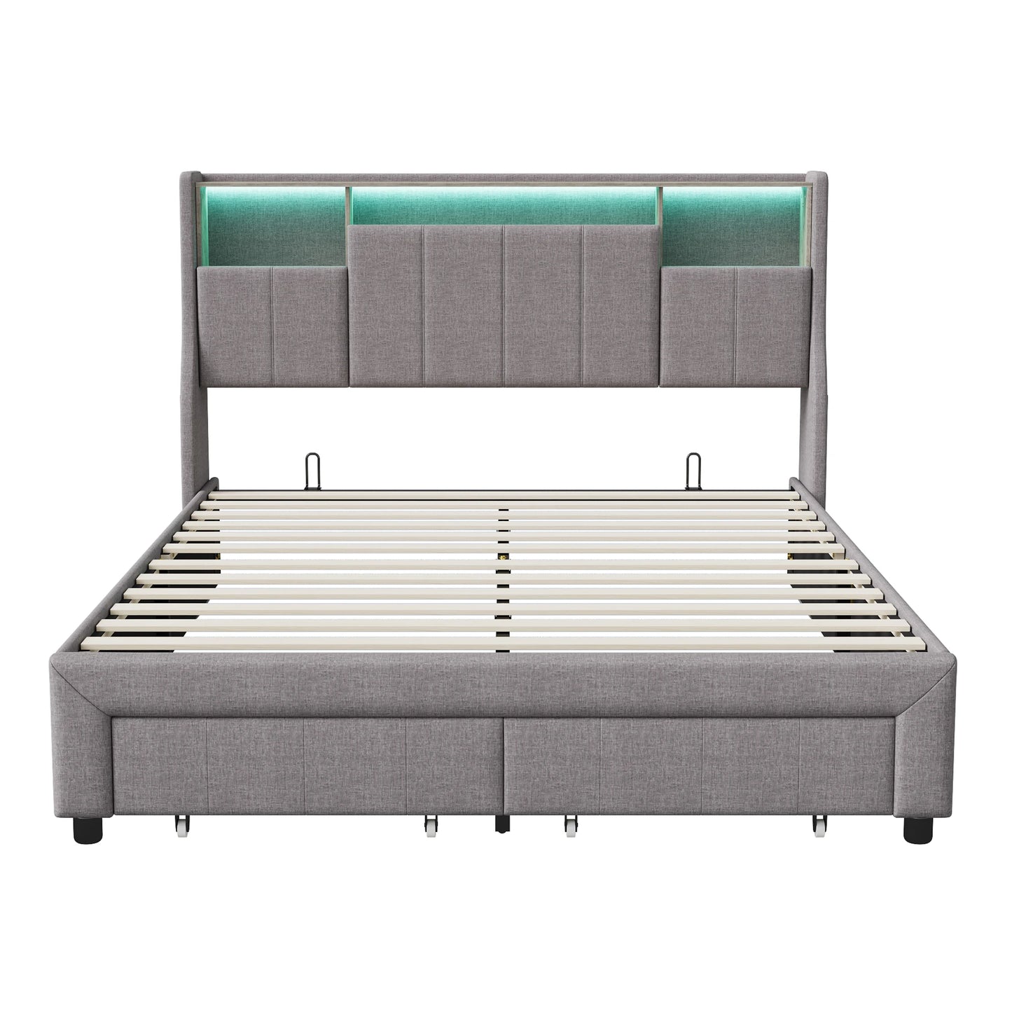 Rosahqnda gepolstertes Doppelbett 140x200cm mit LED-Beleuchtung,Doppelbett mit 2 Schubladen,hydraulischem Stauraum,ohne Matratze