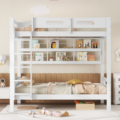Etagenbett, Kinderbett mit Fallschutzgitter, Offenes Regal, Fünfstufige Leiter, Reichlich Stauraum, Kiefer+MDF, Weiß, 90x200cm