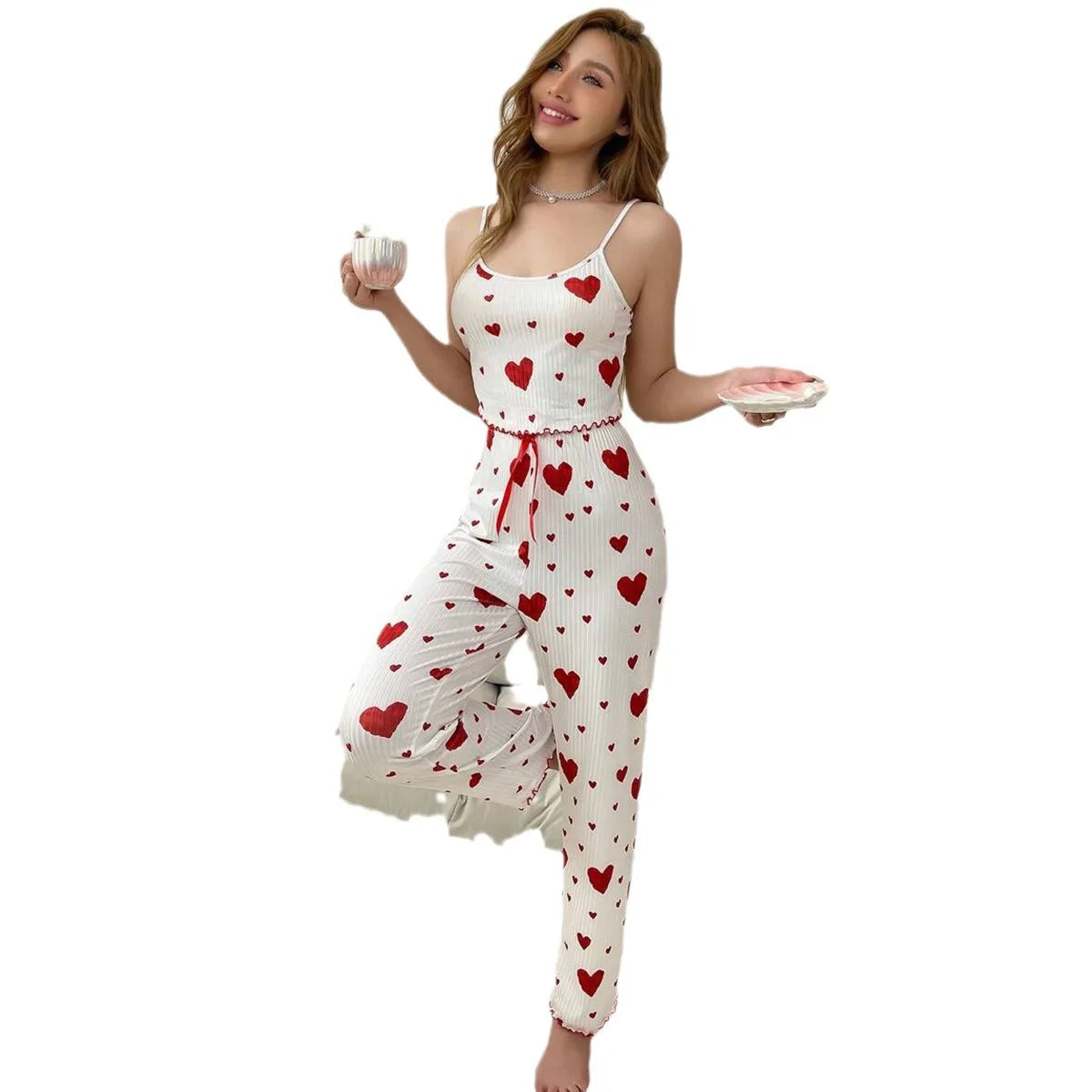 Damen pyjamas plus Größe Pyjamas Set 2 Stück kurze Weste Hose weiß atmungsaktiv weich lässig Love Print.