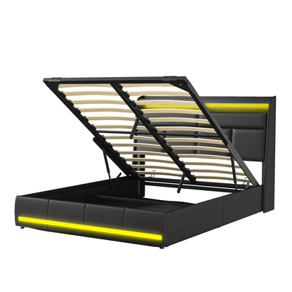 Doppelbett Polsterbett 160x200cm, Hydraulisch Bett mit Lattenrost aus Metallrahmen, Modernes Bettgestell mit Stauraum