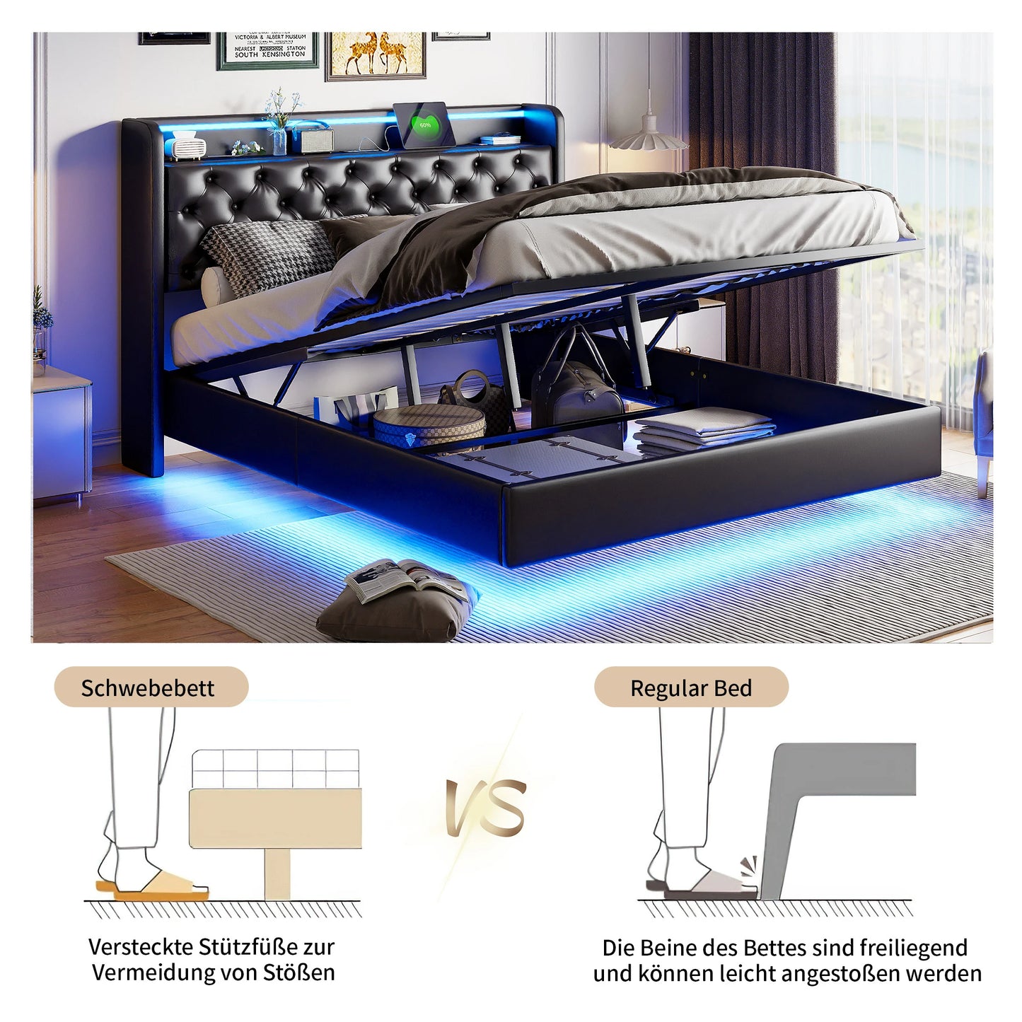 Polsterdoppelbett 140 x 200 cm mit Kopfteil, Bett mit Lattenrost aus Metallrahmen, PU Betten mit großem Stauraum, hydraulischer