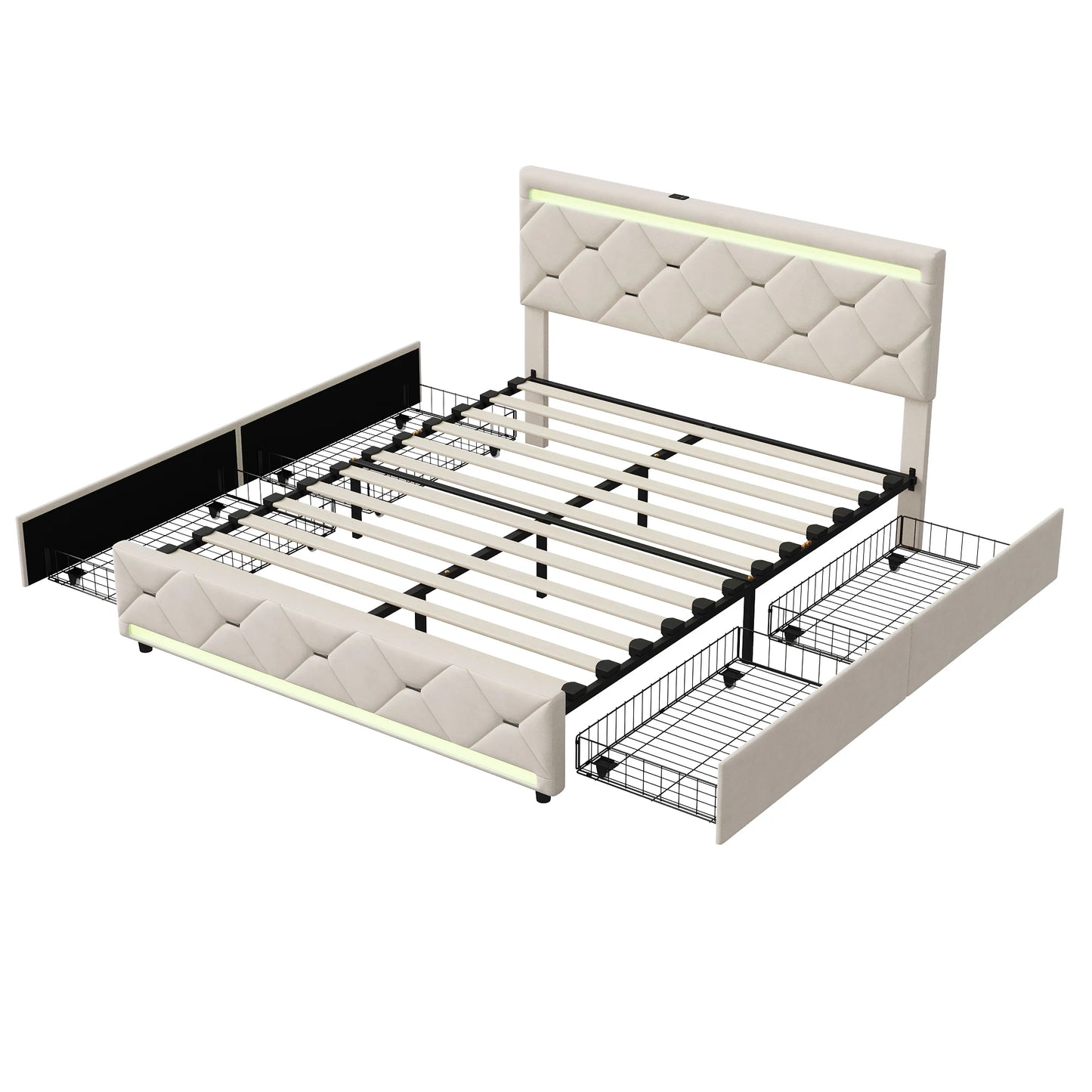 Rosahqnda gepolstertes Bett mit Stauraum, USB-Ladefunktion und LED-Kopfteil und 4 Schubladen, Doppelbettrahmen