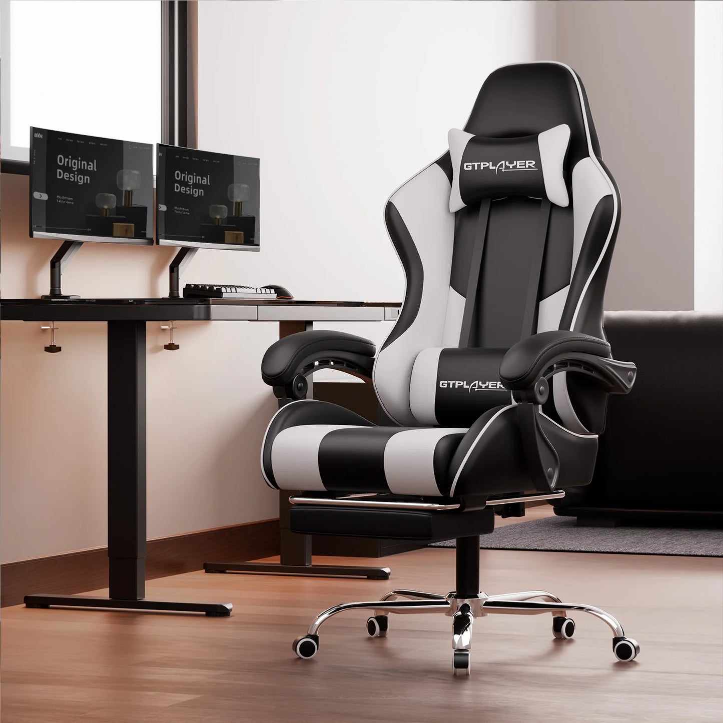 GTPLAYER Gaming Stuhl mit Massage, Ergonomischer Schreibtischstuhl mit Fußstütze, Kopfstütze, Drehstuhl für Büro und Gamer