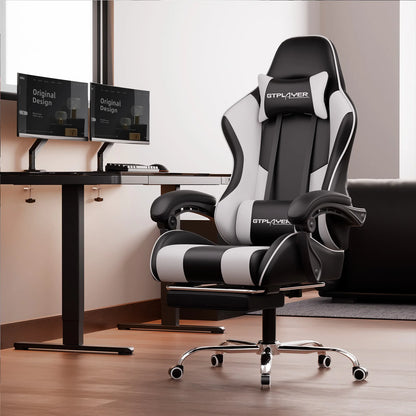 GTPLAYER Gaming Stuhl mit Massage, Ergonomischer Schreibtischstuhl mit Fußstütze, Kopfstütze, Drehstuhl für Büro und Gamer