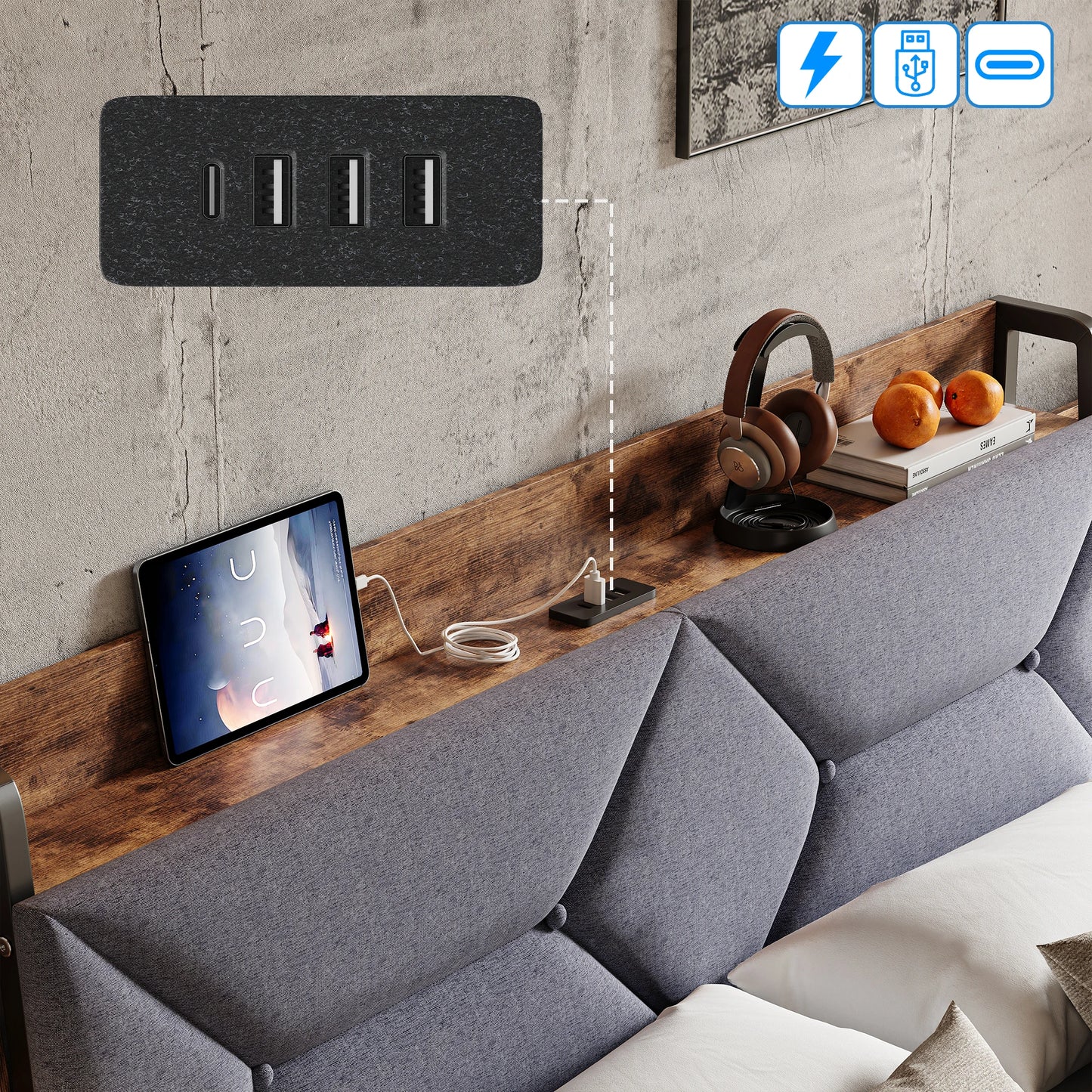 Bett 140 x 200 mit USB, Doppelbett mit 4 Schubladen, Kopfteil mit ausziehbarem Stauraum, Erwachsenenbett mit Lattenrost