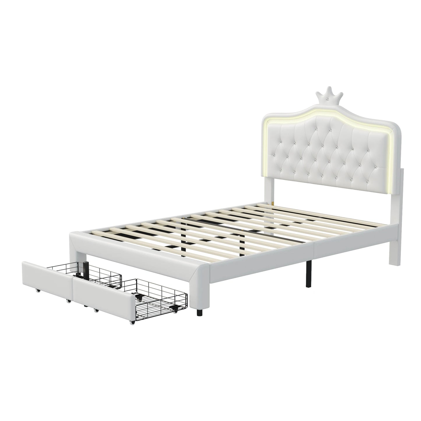 Rosahqnda Kinderbett Kronenform 90/140 x 200 cm, LED und Schubladen, höhenverstellbares Kopfteil, PU, Rosa/Weiß