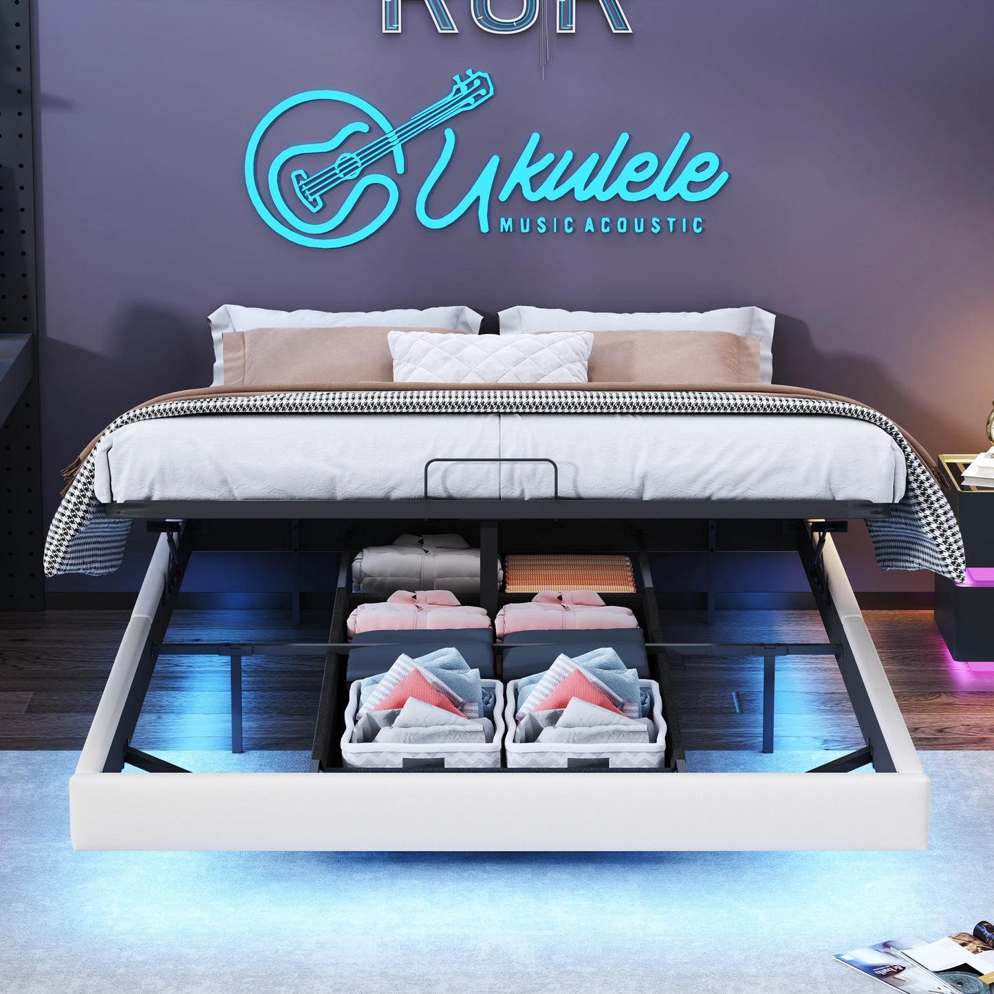 Rosahqnda Polsterbett, 160 x 200 cm, Doppelbett mit Stauraum, Bettrahmen mit Holzlattenrost, ohne Kopfteil,(ohne Matratze)