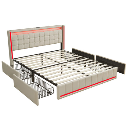 Rosahqnda Modern Double Bed with Drawers,Sockets,Led,Solid Metal,Headboard and Bed Frame with Storage,Teen Bed,Linen,Dark Grey