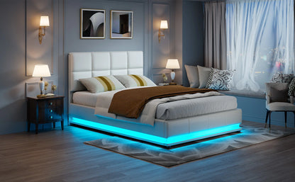 Rosahqnda Hydraulischer Doppelbettrahmen 140*190cm mit LED, Verstellbares Kopfteil, Stauraumbett 140*200cm, Polsterbett, PU