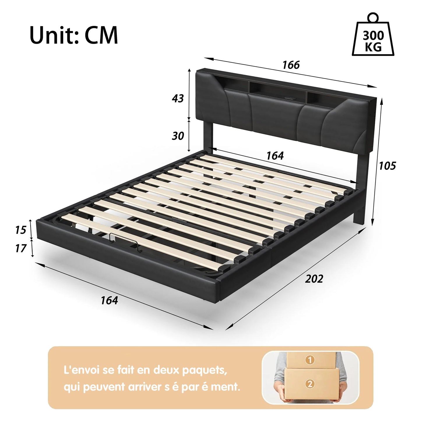 WoodenAura Doppelbett, gepolstertes Bett, Stauraum, Kopfteilbett mit USB-Aufladung, Stauraumbetten 140 x 200 cm, ohne Matratze