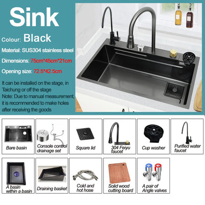under the household sink    Black Stainless Steel Nano Undermount/Drop in Waterfall Single Bowl Kitchen Sink With Pull-Out Fauce