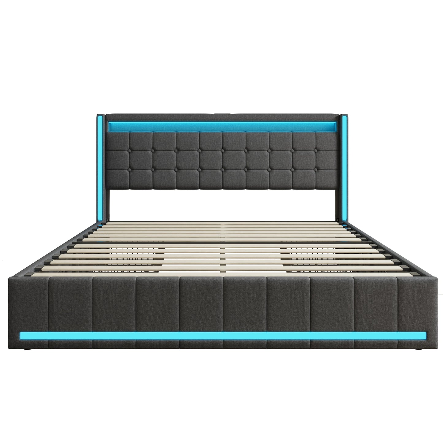 Rosahqnda Modern Double Bed with Drawers,Sockets,Led,Solid Metal,Headboard and Bed Frame with Storage,Teen Bed,Linen,Dark Grey