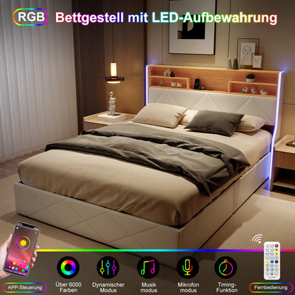 Doppelbett hydraulisches LED-Bett, Kofferraumbett 140/160 x 200cm, Polsterbett Mit Stauraum Polsterbett mit LED und USB, Jugendbett LED-Bettgestell für 2 Personen, Pu-Stoff