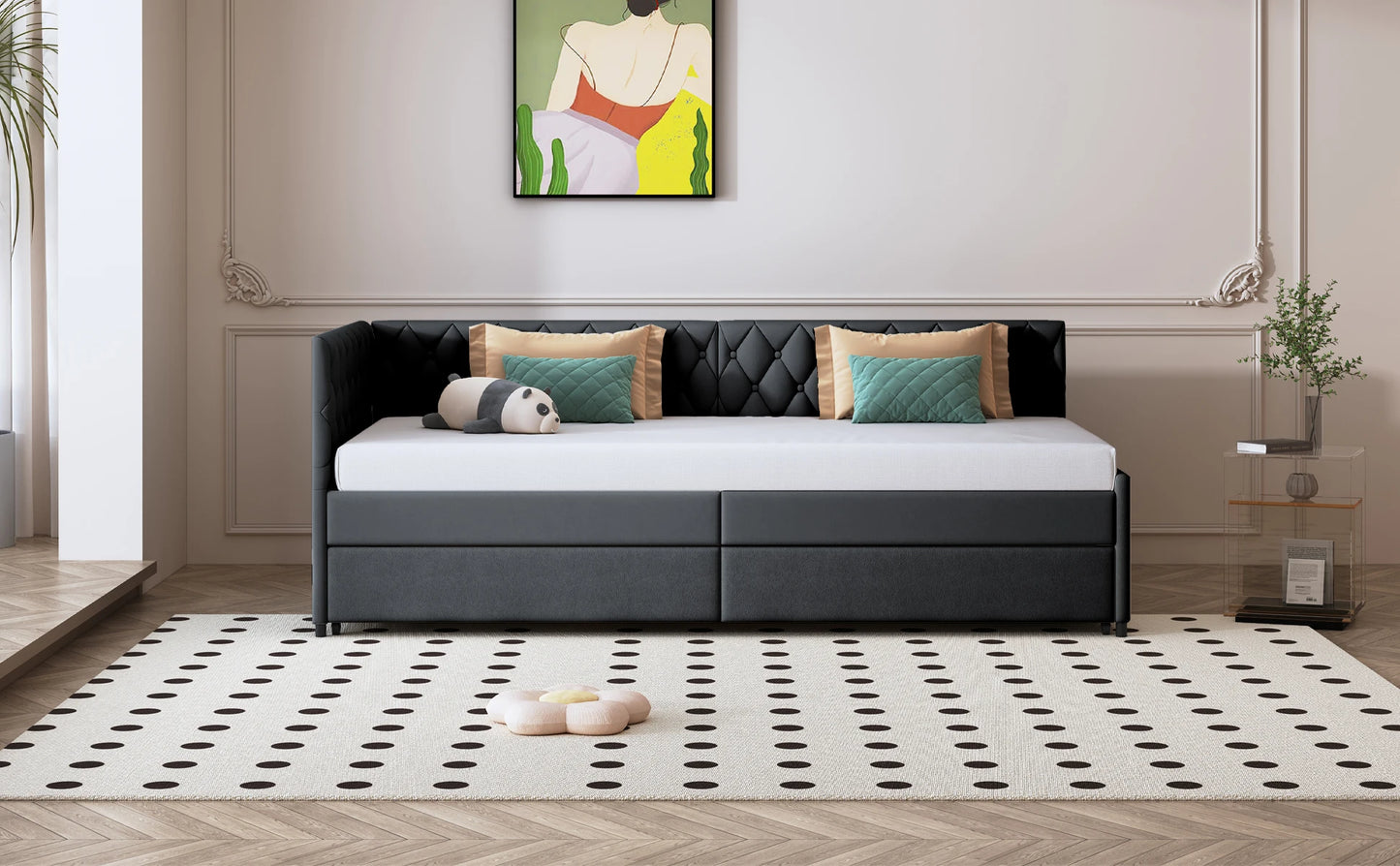 Rosahqnda gepolstertes Tagesbett 90 x 200 cm mit ausziehbarem Bett, Einzelbett, Schlafsofa, Tagesbettgestell mit Lattenrost