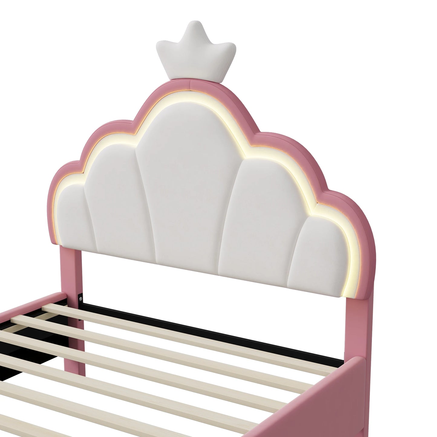 ROSAHQNDA Modernes Polsterbett, LED-Kopfteil in Blütenblattform mit Kronendekor, 90/140 x 200 cm, Prinzessinnenbett, ohne Matratze