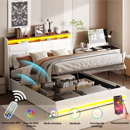 Rosahqnda gepolstertes Doppelbettsystem 140 x 200 cm, modernes Polsterbett, Kopfteil mit LED und USB-Ladestation, PU-Leder