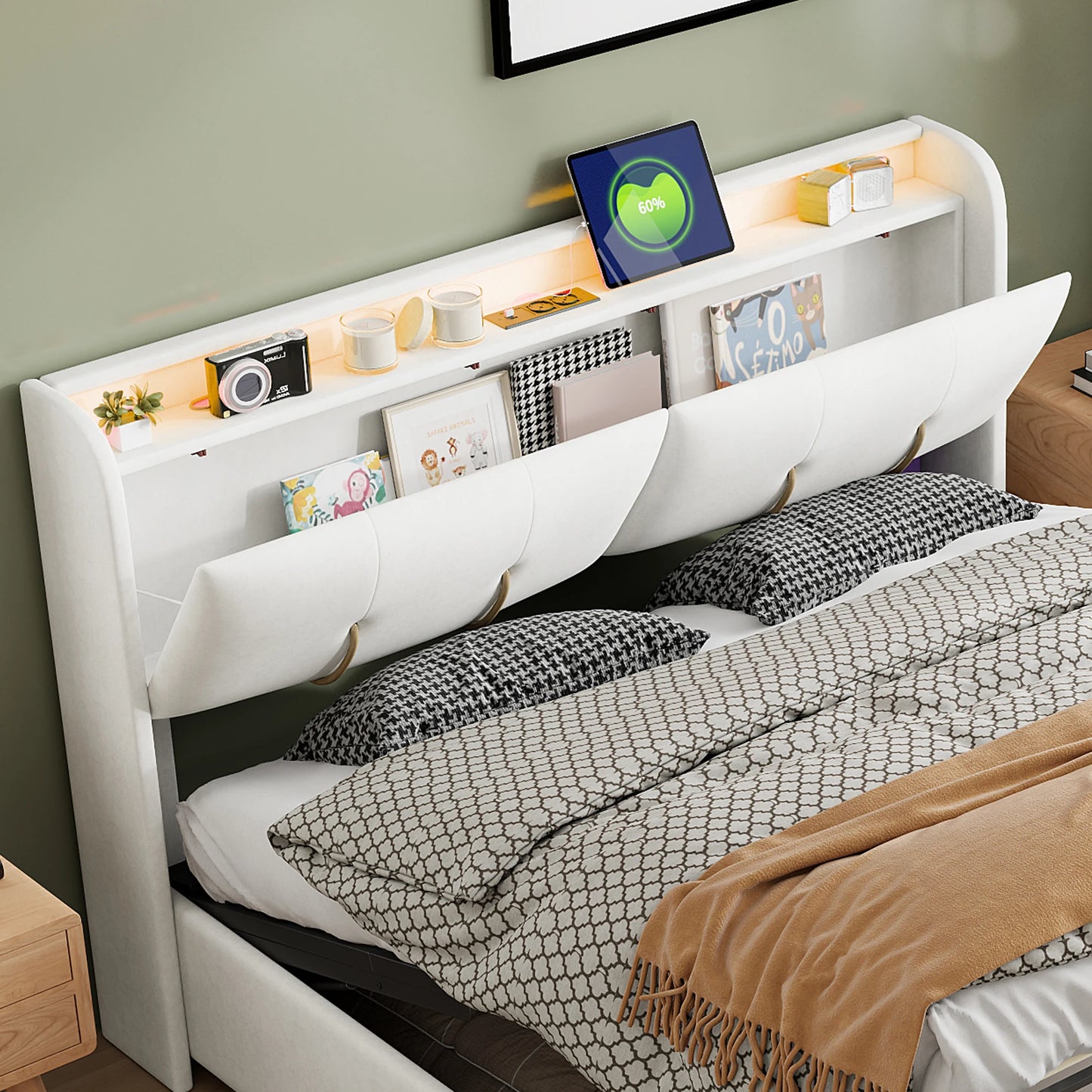 WoodenAura 140x200cm Polsterbett mit USB-C Ladefunktion, Stauraumkopfteil und LED-Beleuchtung und Schubladen, Doppelbett Große