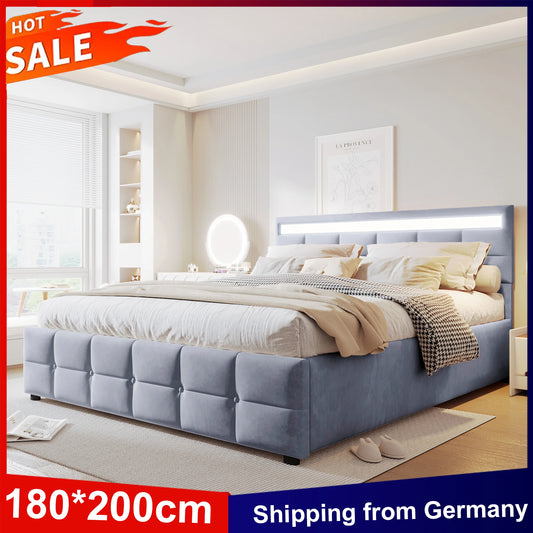 Anajqaqia Polsterbett 180 x 200 cm, hydraulisches Bett mit großem Stauraum, Doppelbettrahmen mit Lattenrost, Samt, Grau