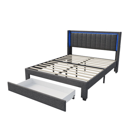Rosahqnda Gepolsterter Bettrahmen mit LED, USB, Schubladen, Leinen Plattformbett 140-160-180×200cm,Jugendwohnungsbett,Gästebett