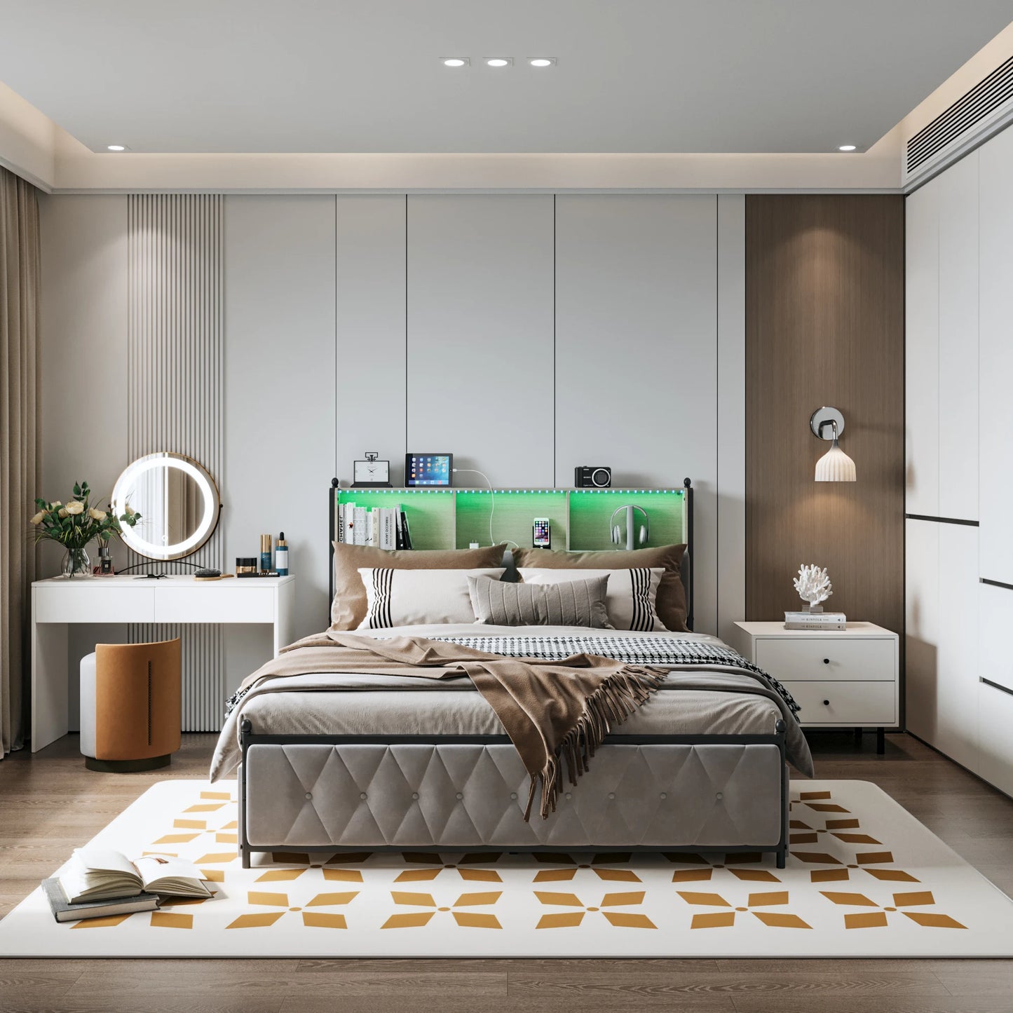 WoodenAura 140x200cm Polsterdoppelbett mit LED-Kopfteil und USB, mit Lattenrost und 4 Schubladen, Stauraum, Funktionsbett180x200