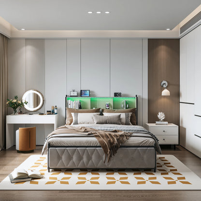 WoodenAura 140x200cm Polsterdoppelbett mit LED-Kopfteil und USB, mit Lattenrost und 4 Schubladen, Stauraum, Funktionsbett180x200