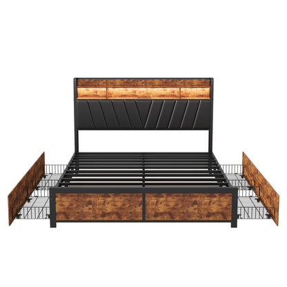 Metall bett rahmen 140/160x200cm Doppelbett mit LED-Licht und 2 Schubladen, mit USB-Ladeans chluss, Vintage braun schwarz