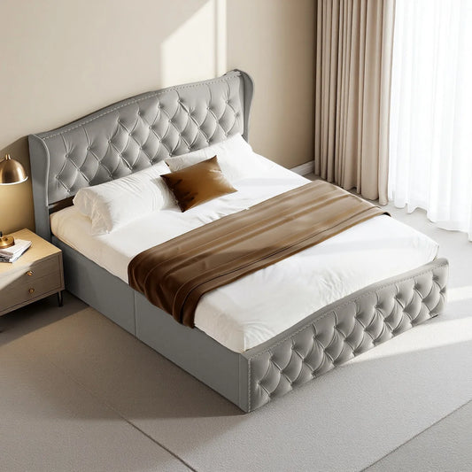 Polsterbett Boxspringbett 140x200cm,Hydraulisch Stauraumbett mit Stauraum , Doppelbett Jugendbett  mit Lattenrost , Samt ,Grau