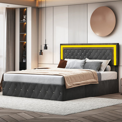 Rosahqnda gepolstertes Doppelbett 140 x 200 cm mit LED-Beleuchtung, hydraulischem Stauraumbett und Lattenrost, Funktionsbetten, Samt